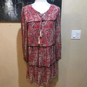 L love Red and Blue Paisley Long Sleeve Tie Neckline Boho Dress Layered Hem-S